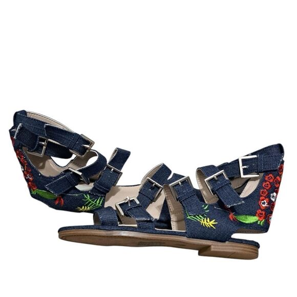 Vintage Havana Nina Black Denim Floral Embroidered Gladiator Sandal Size 8 Blue - Picture 3 of 15